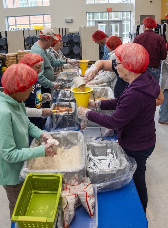The process to fill the bags is flavor packet, soy product, dehydrated vegetables and rice.